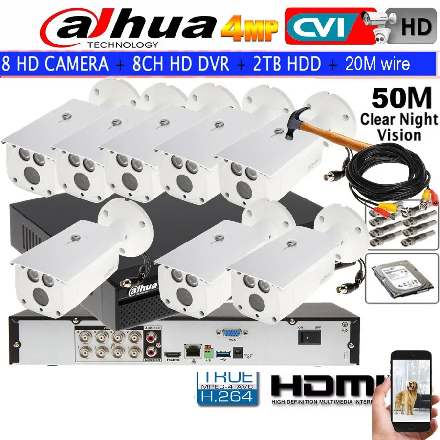 Système Dahua 4MP Sécurité IR Caméra DHHACHFW1400DP CVI CCTV Bullet Camera 8ch DHHCVR7108H4M Kit de caméra imperméable