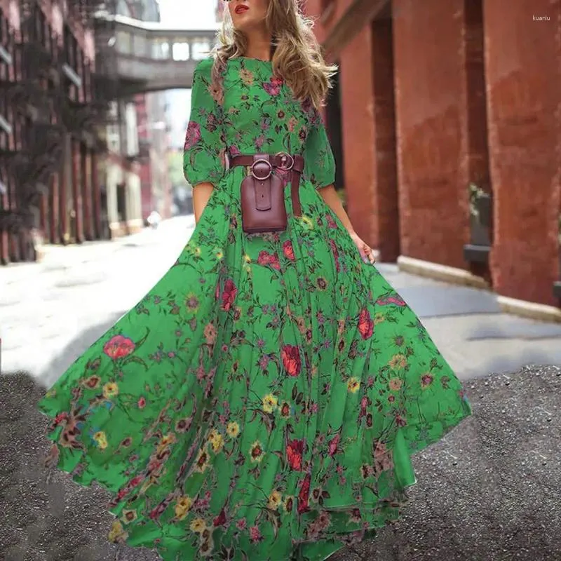 Casual Dresses Spring Autumn Dress Elegant Floral Print Maxi For Women A-line Silhuett Hög midja Design Halvhylsa detaljer