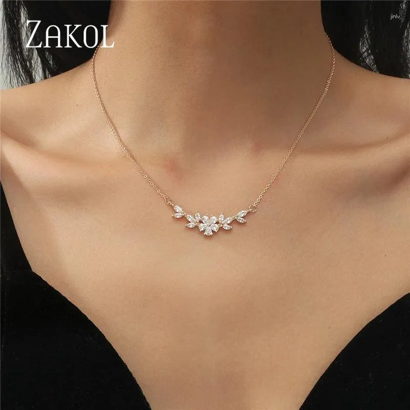 Colliers pendants Zakol Cumbic Zirconia Flower Collier Fomen Women Fashion Gold Color Chark Choker Bridal Wedding Party Bijoux