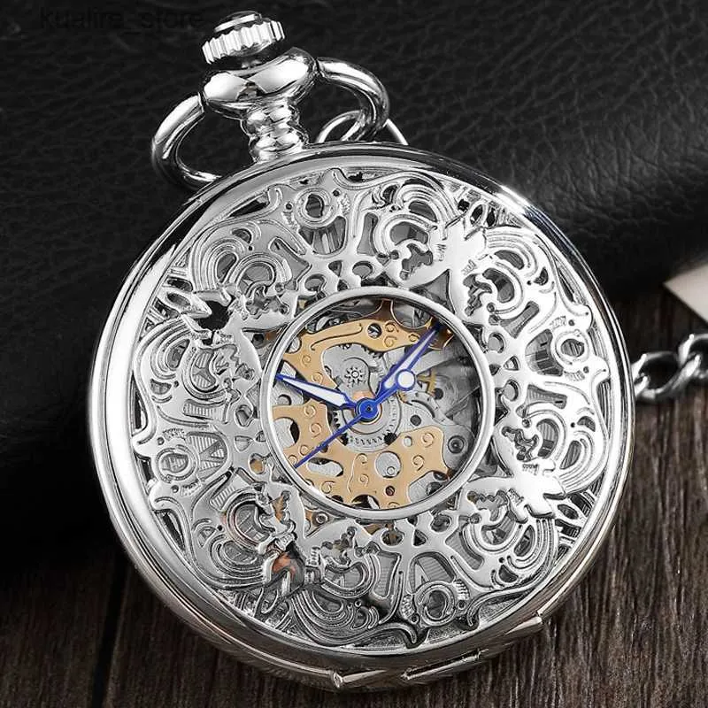 Pocket horloges 2020 mode zilver gegraveerde handwind mechanische zak voor mannen vrouwen vintage steampunk fob skelet mannelijk geschenk l240402