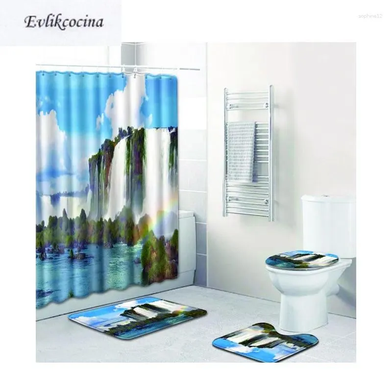 Maty do kąpieli 4PCS Blue Sky Waterfall Set Banyo Zestaw przeciw poślizgowi łazienka tapet banheiro myjne dywany toaletowe alfombra bano