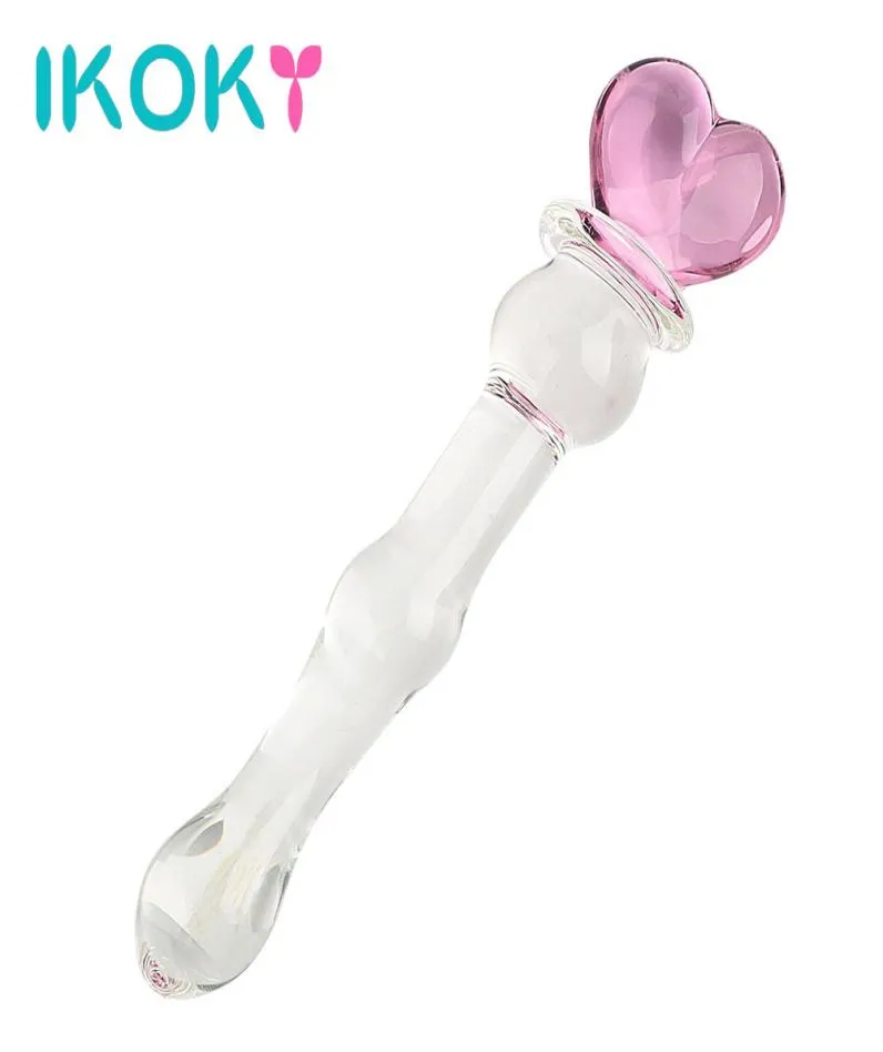 Ikoky glas dildo rosa hjärtkristall masturbator för kvinnlig vaginal och anal stimulering klara sexleksaker för kvinnor anal pärlor y18114293962