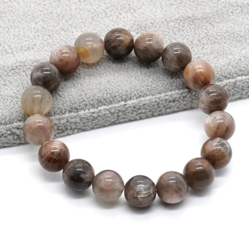 Strand Healing Stone Beads Bracelet Gray Sunstone For Women Men 8''