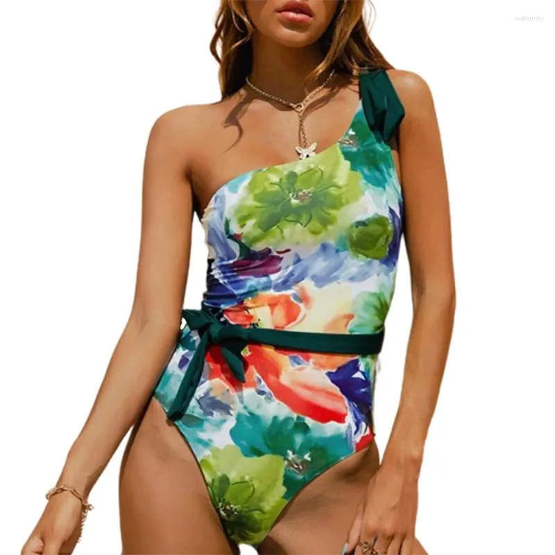 Women's Swimwear FS Women Green Monokini Oblique Bikini Set Hollowed Out Bathing Suit Floral Print Swimsuit For Lady One Piece 2024 Arrivals