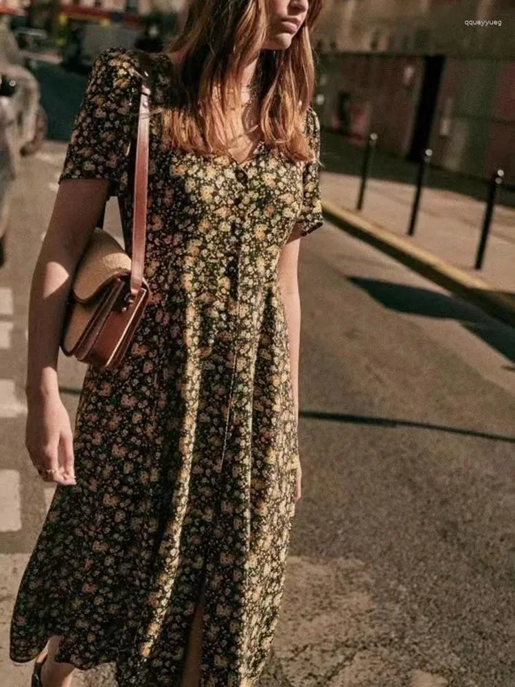 Vestidos de festa Preço de liberação Mulheres cortam vestido de peito único de manga curta, impressão em vadio midi de decote em V para feminino