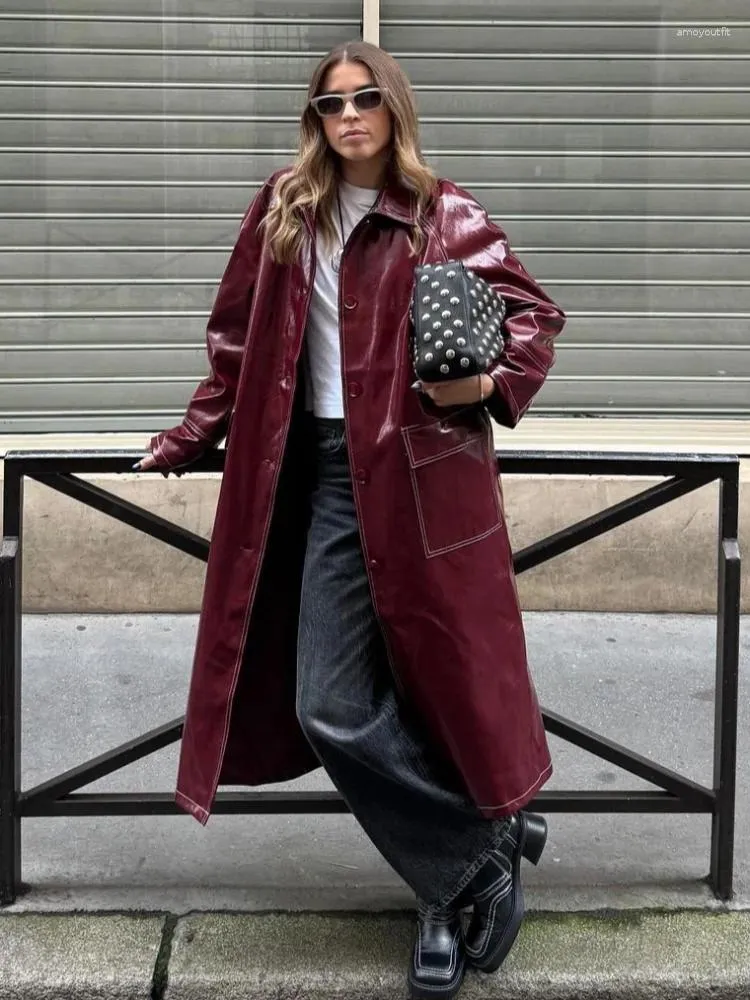Burgundy Lacquer Leather Trench Coat Women's Oversized Lapel Jacket with  Pockets