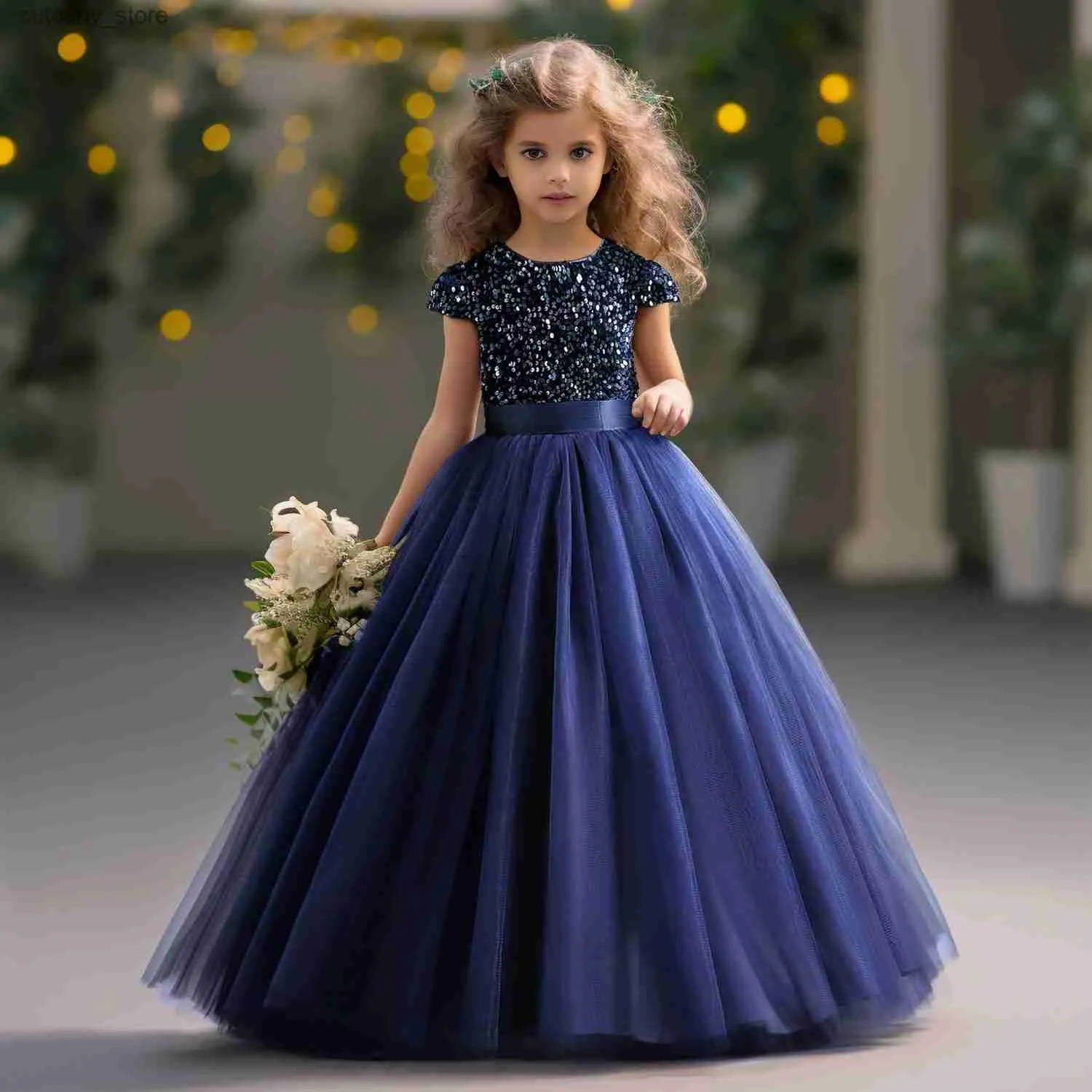 Girl's Dresses Sparkly Sequins Short Seves Flower Girl Dresses Tul Kids Birthday Party Pageant Prom Gown Teen Girls Bridesmaid Dresses L240402