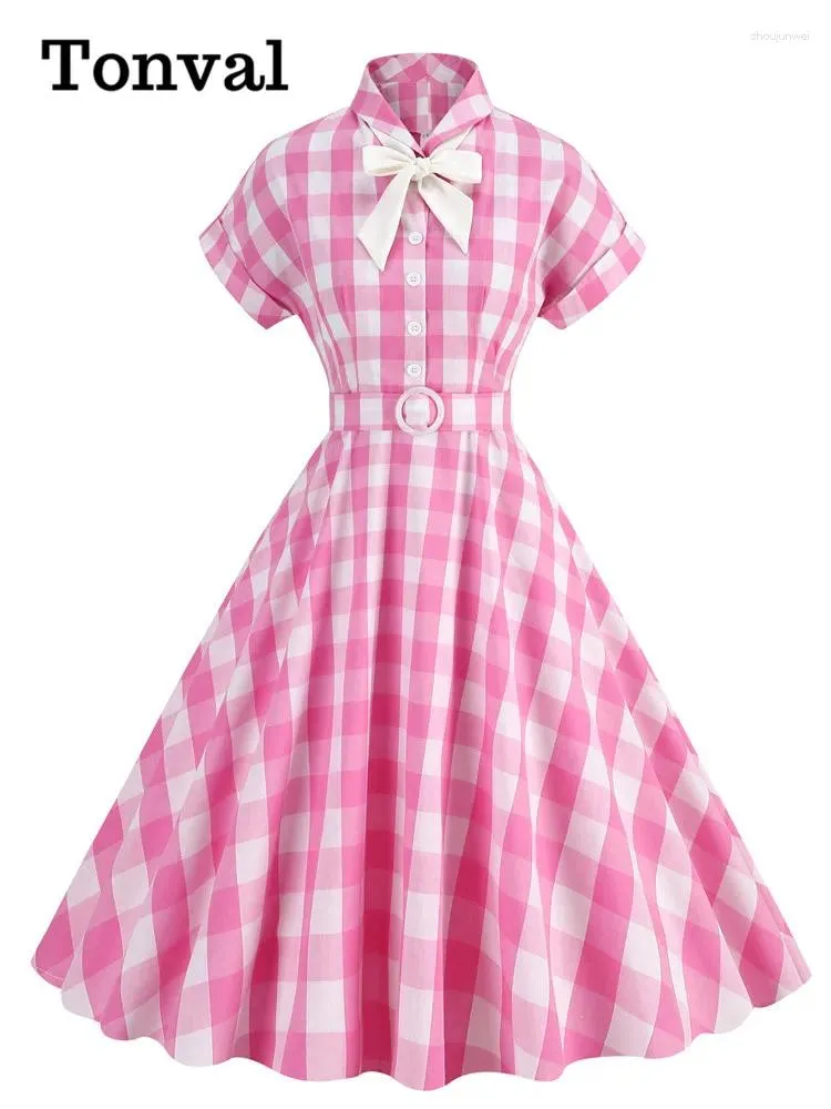 Abiti per feste Tonval girare il colletto con bottoni a prua in cotone vintage lungo per donne rosa e bianco stampa gingham elegante abito swing elegante
