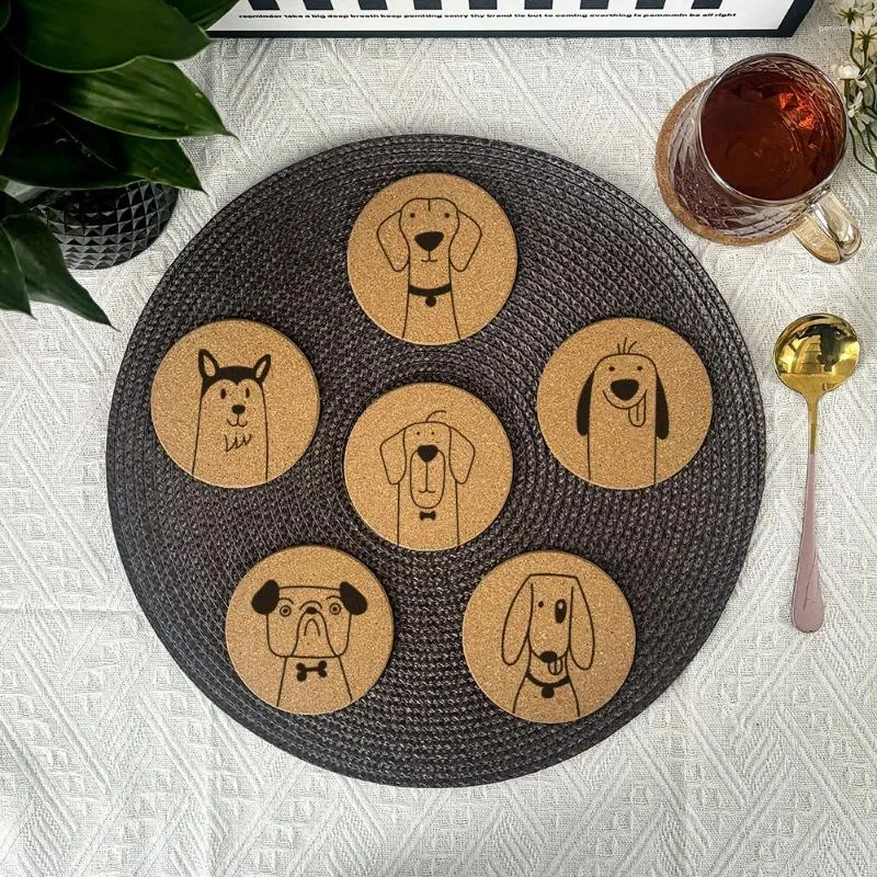 Table Mats 6pcs/Set Fashion Creative Engraved Lovely Dogs Pattern Round Cork Coasters For Coffee Cups Mugs Drink Holder And Tableware