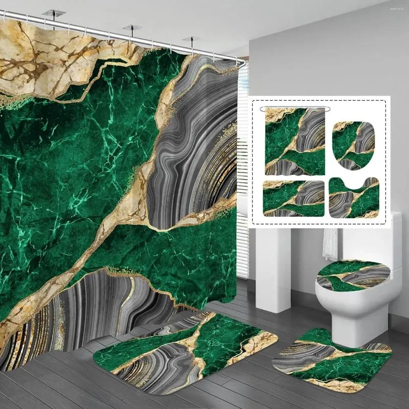 Shower Curtains Green Gold Marble Curtain Set Bath Mat Carpet Luxurious Abstract Decorative Bathroom