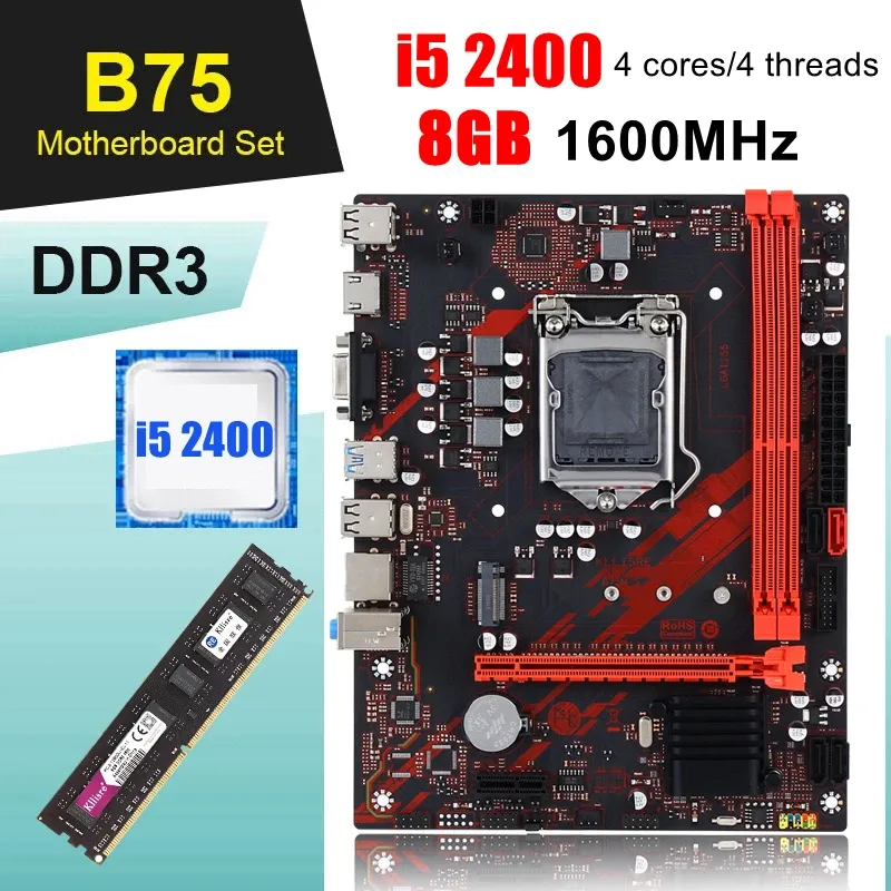 Cartes mères Kllisre B75 LGA 1155 Kit de jeu de la carte mère avec i5 2400 8 Go DDR3 1600 Processeur et mémoire