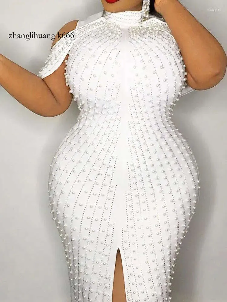 Big 2024 Casual jurken maat witte kralen feestjurk bodycon sexy mock kraag uit schouder knie lengte lente zomer verjaardag voor vrouwen