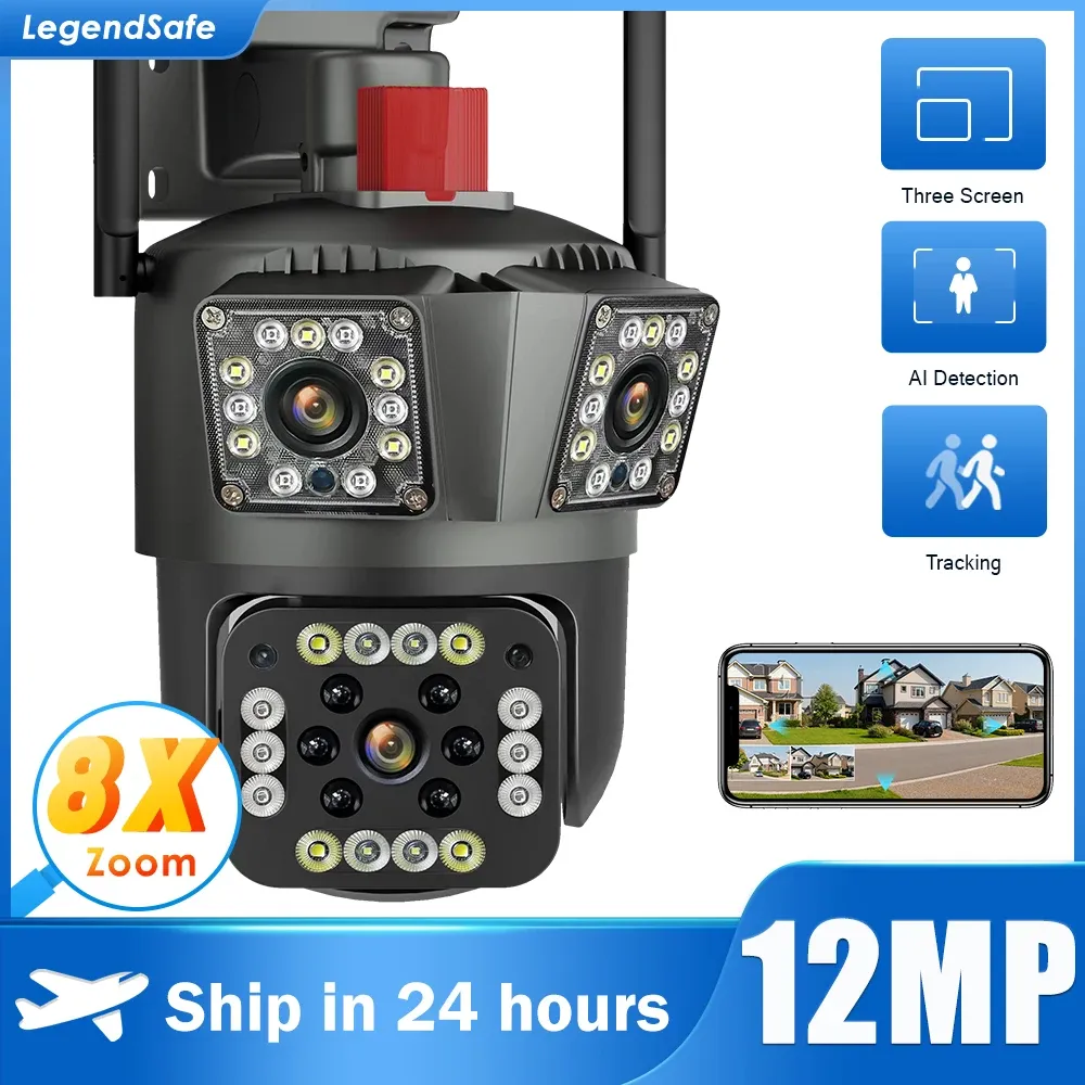 Камеры Legendsafe 12MP 6K Wi -Fi IP IP Outdoor Camera Hulting Ptz 4k Video Camera Три объектива Три экрана водонепроницаемая система безопасности