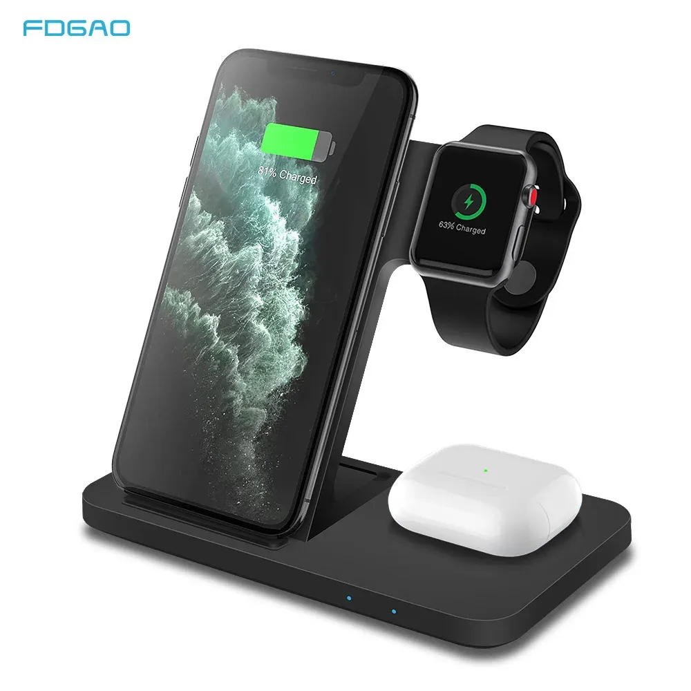 Chargers fdgao 15W 3 in 1 Qi draadloze lader voor Apple Watch 8 7 6 SE iPhone 14 13 12 11 Pro XS XR X 8 Samsung S22 Snellaadhouder