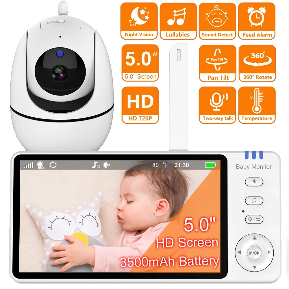 Monitoren 5.0 "video babymonitor met pan tilt camera 2.4G draadloos tweewegs audio nacht visie beveiligingscamera babysitter vox wakker worden