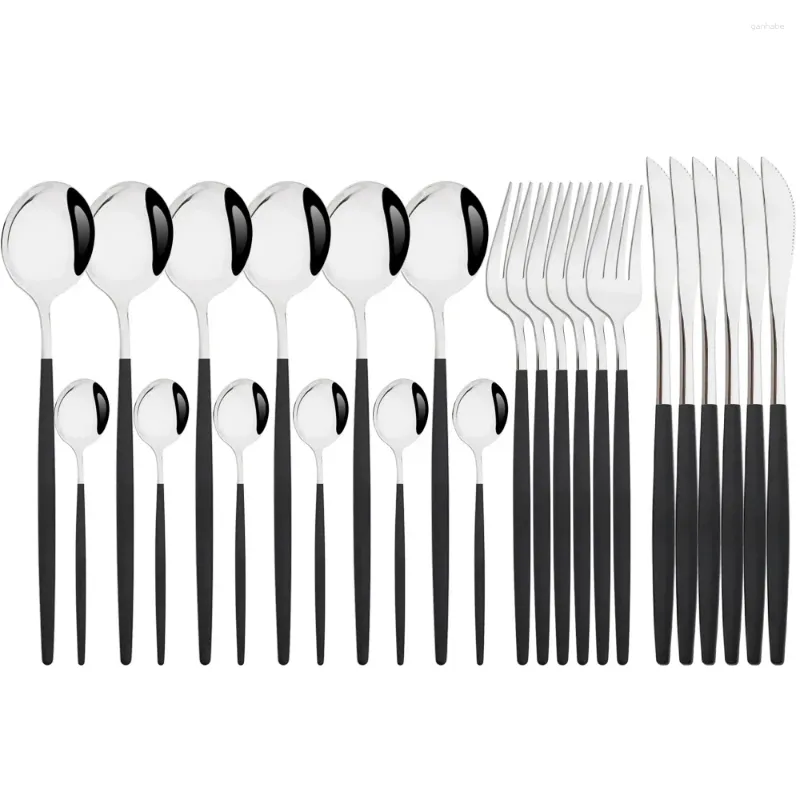 Ensembles de vaisselle 24pcs Black Silver Table Set Set Mirror Couvertures en acier inoxydable Kitchen Western Knife Fork Spoon
