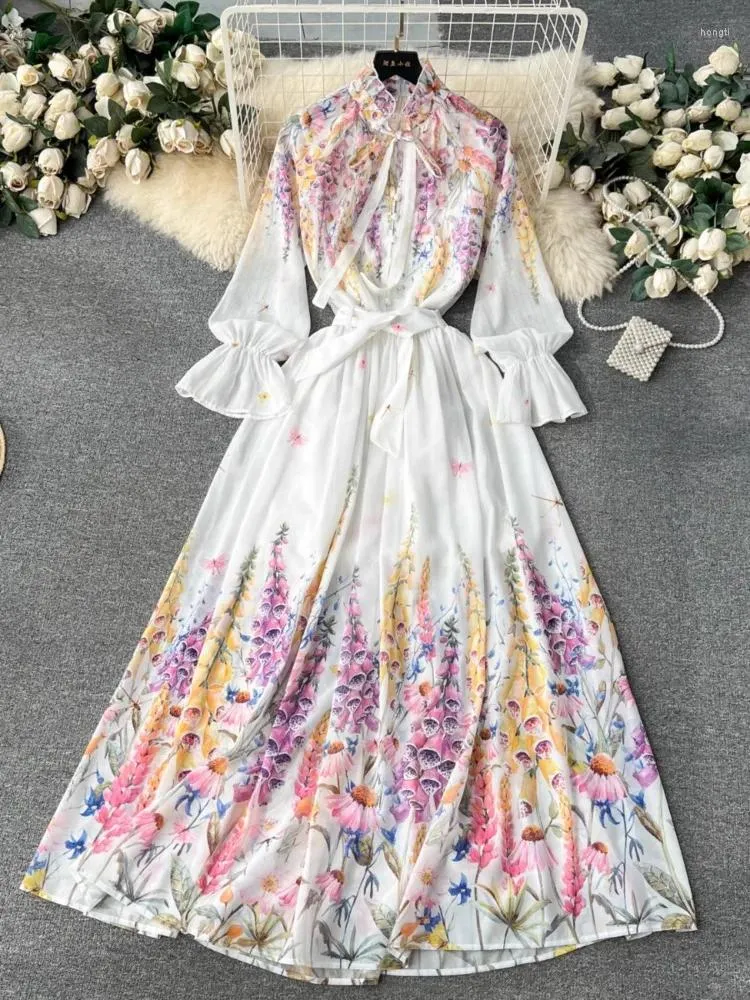 Werkjurken Hikigawa Chic Fashion Women Elegant 2 Sets Vintage Chiffon Long Sleeve Blouse Top All Match Floral Print High Taille Rooks