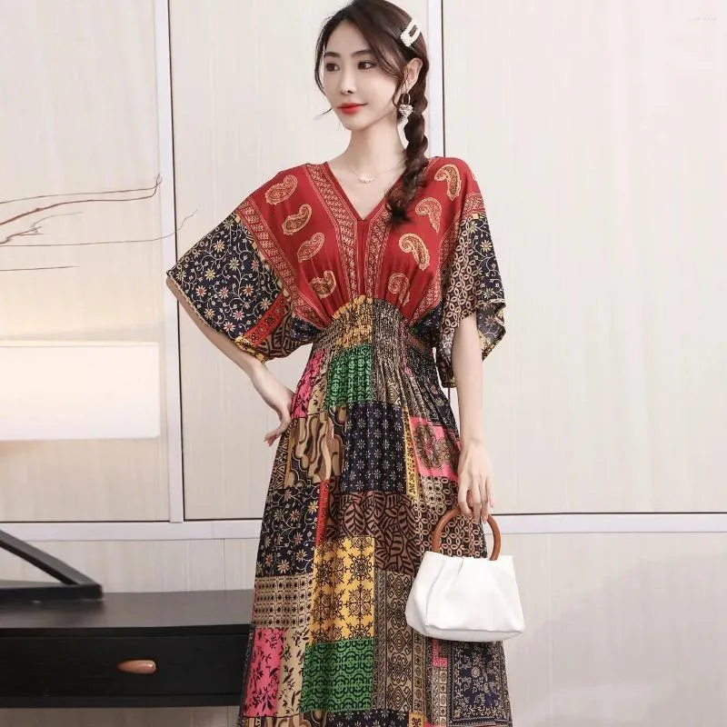 Casual Dresses Summer Womens Cashew Flower Plaid Printed Long Dress Leisure Vacation 17color