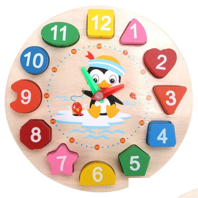 Other Desk Accessories Wholesale Wooden Penguin Digital Clock Model Childrens Early Education Teaching Aids 17.5X17.5X2.3Cm Drop Del Dhamq