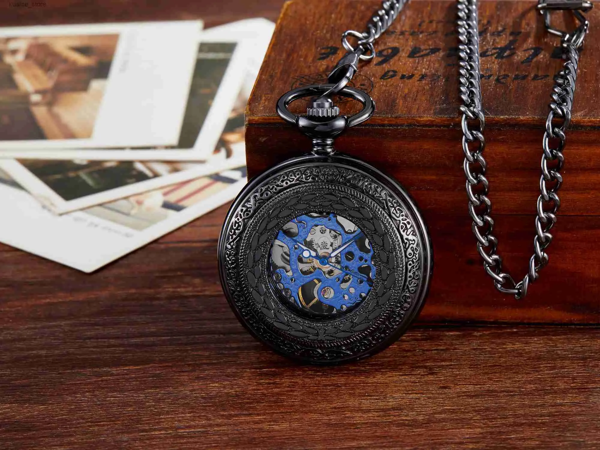 Pocket Watches Black Vintage Antique Steampunk Pocket Roman siffror Automatiska mekaniska män med FOB -kedja Gift Reloj Hombre L240402