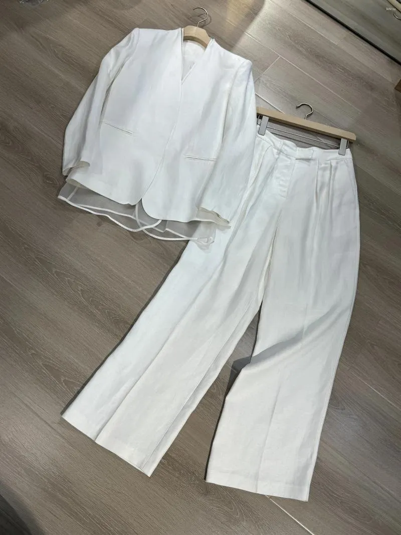 Zweiteilige Hosen für Frauen 2024 Sommeranzug hochwertiger Leinen Seide Weiß Blazer Jacke Sets Taille Wide Bein Hosen Weibliche Kleidung