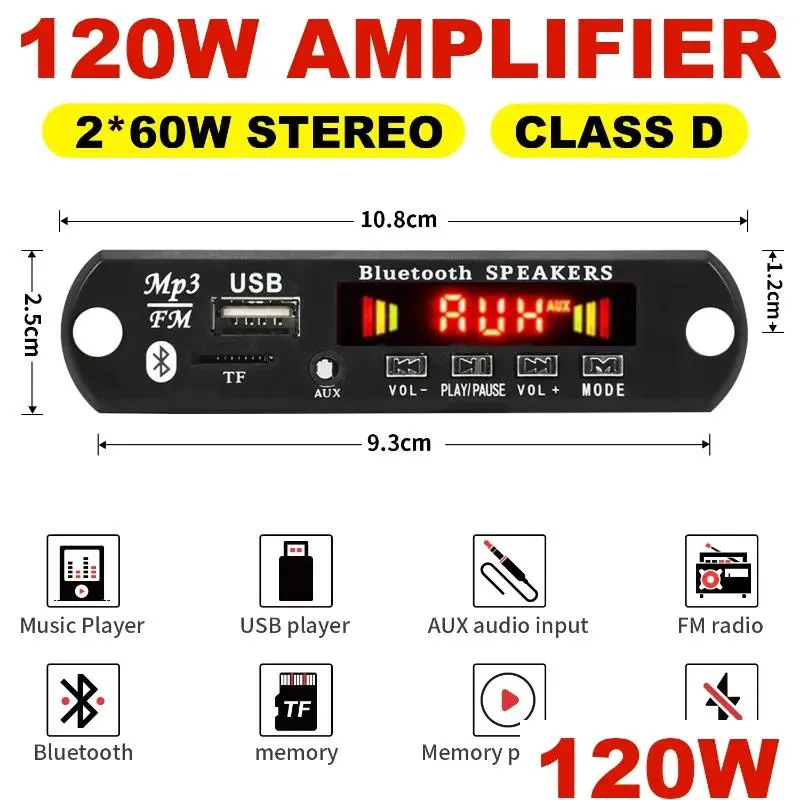 Mp3 & Mp4 Players 7V-24V 2 60W Decoder Board 120W Player Bluetooth V5.0 Usb Mode Fm Aux Radio Recording For Speaker Drop Delivery Ele Dhizx