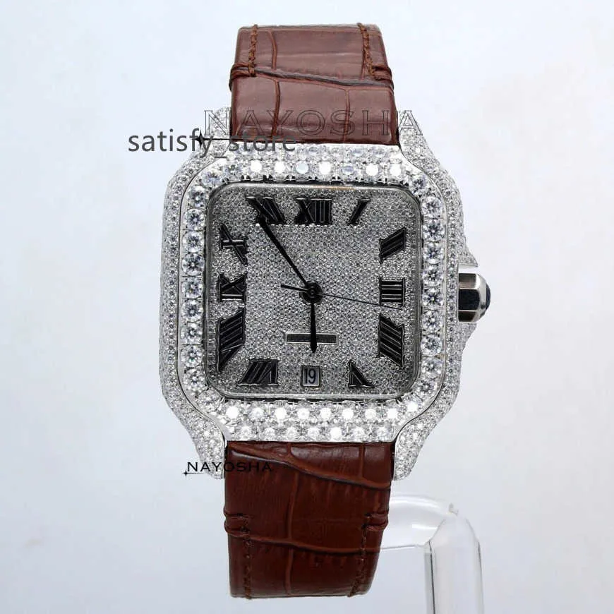 Custom Design Brown Leather Belt Full Iced Buss Down Square Dial VVS Clarity White Moissanite Diamond Men Watch at Factory Price
