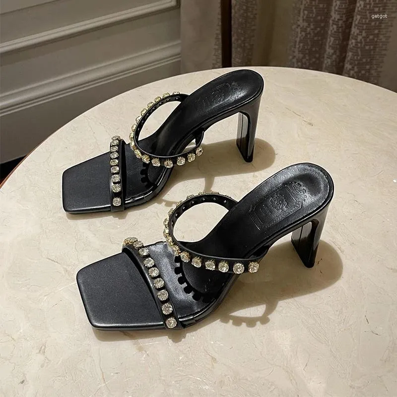 Slippers Summer Square Toe Rhinestone Strap Women's Thick High Heels Solid Color Hollow Slip On Slides Shoes For Pumps