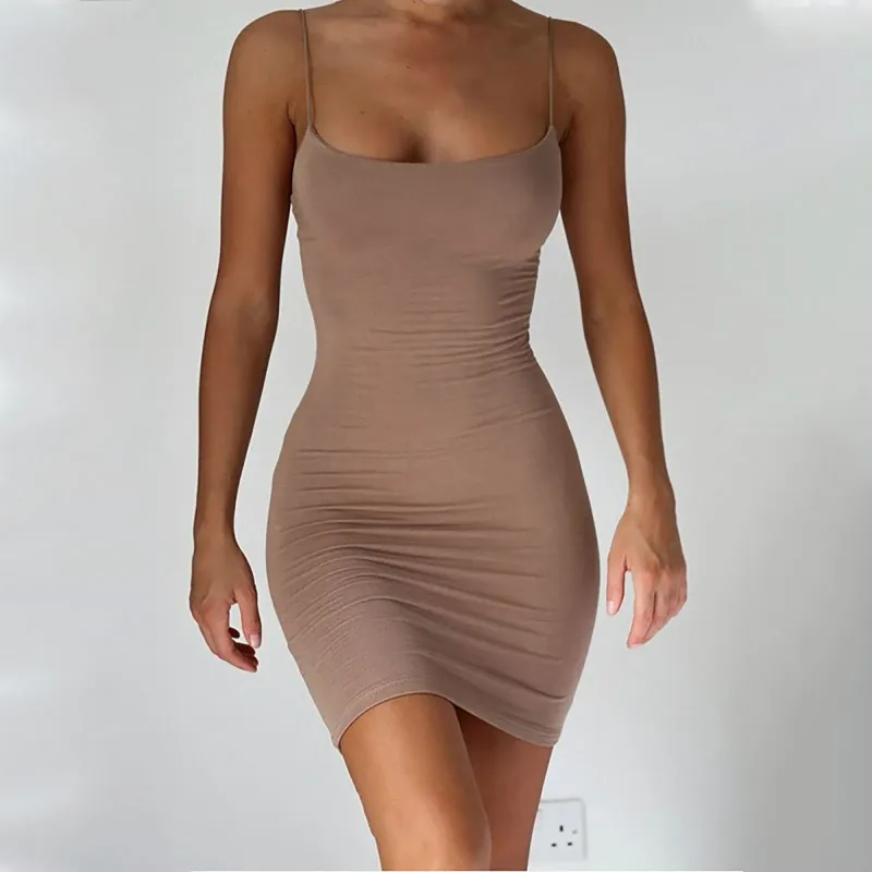 Lässige Kleider Frauen Feste Farbe Sommer Schlanker Spaghetti -Riemen Midi Kleider von Schulter sexy Stretch Bodycon Knielänge