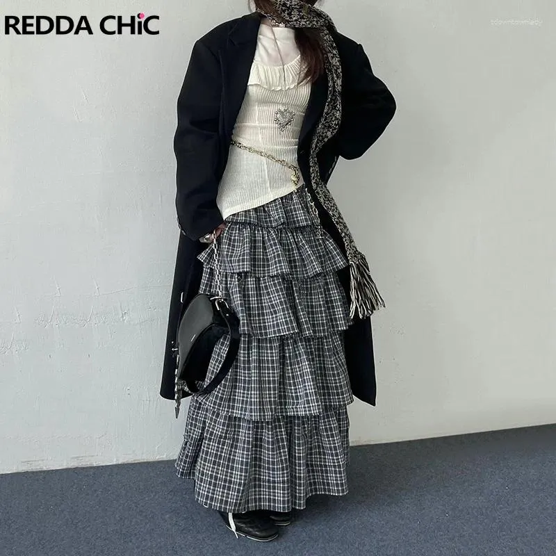 Skirts RORORIRI Multi-layered Ruffle Long Plaid Skirt Women Korean Vintage Gray Low Waist Cake Casual Jk School Y2k Streetwear