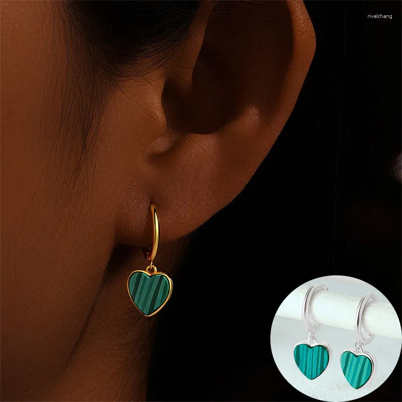 Boucles d'oreilles en peluche 925 Sterling Silver Malachite Love Heart Drop pour femmes Girl Romantic Design Bijoux Party Gift