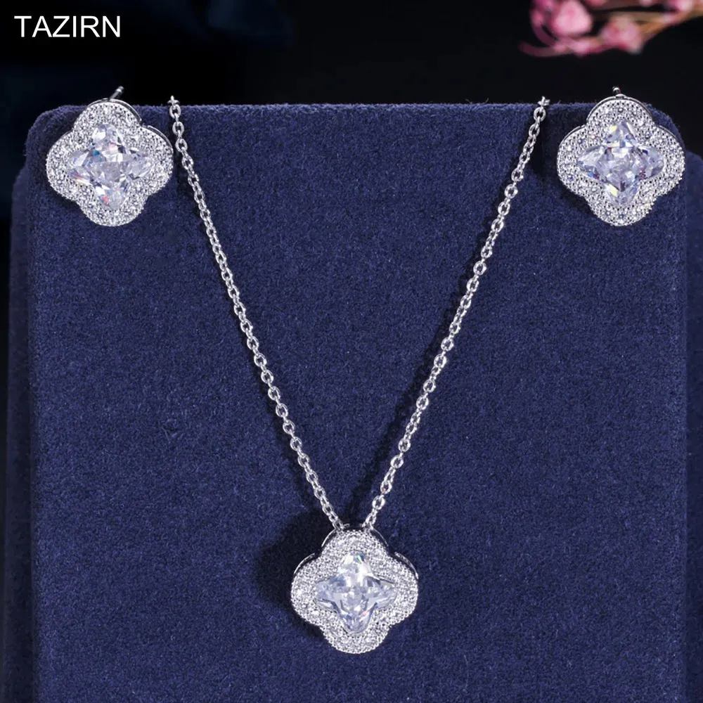 Tazirn Lucky Four Leaf Grass Cubic Zirkonia Wisianty Naszyjniki i kolczyki dla kobiet przyjęcie weselne