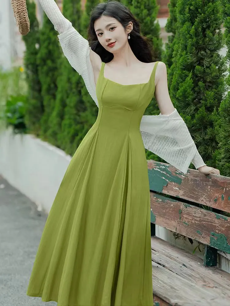 Francuskie garnituru wiosenne lato 2024 Nowy temperament dzianin z zielonej sukienki z zieloną sukienką dwuczęściową
