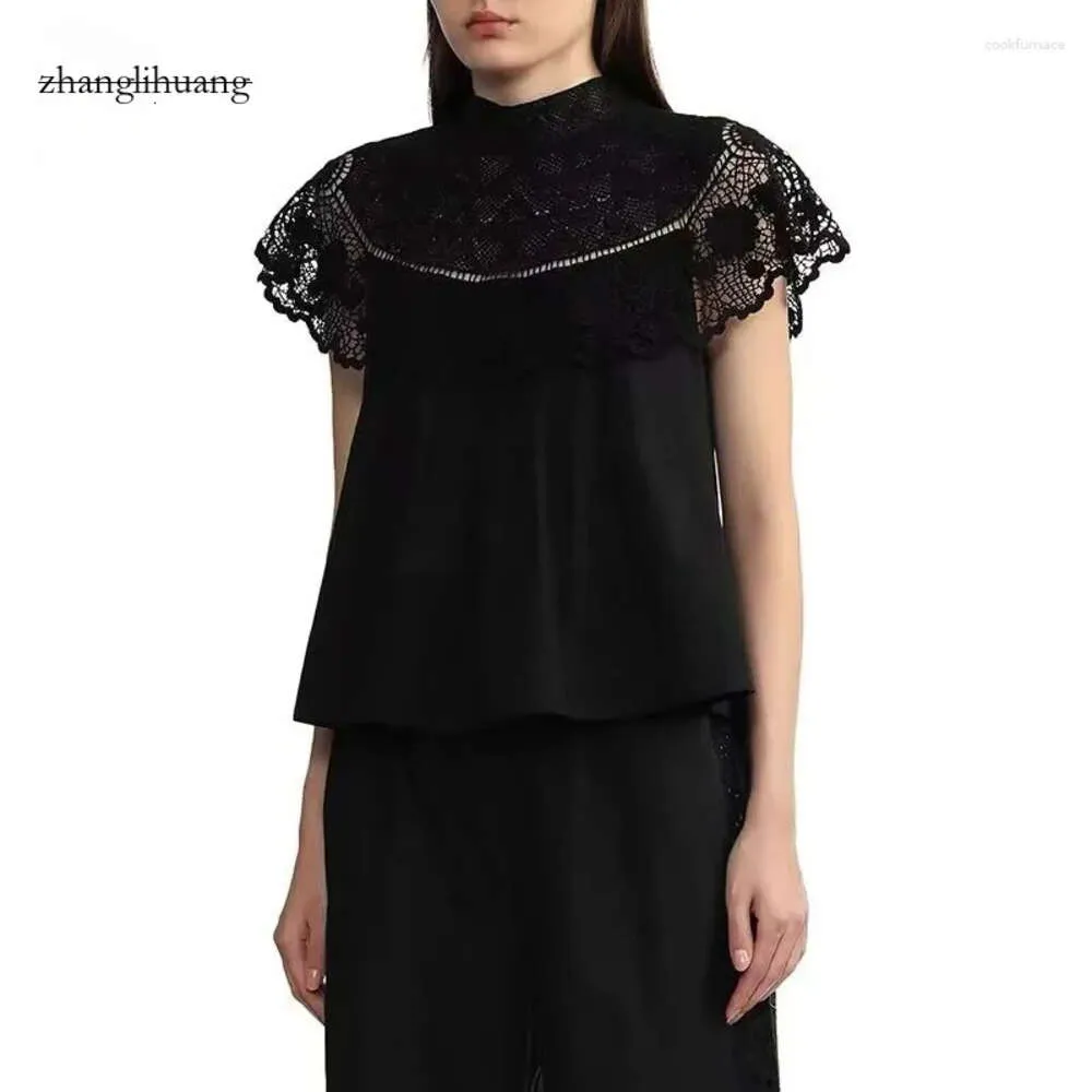 Blouses 2024 Dames Spring en Summer Style Half Turtleneck Hollow geborduurd Lace Splicing Mouwloze blouse dames shirt