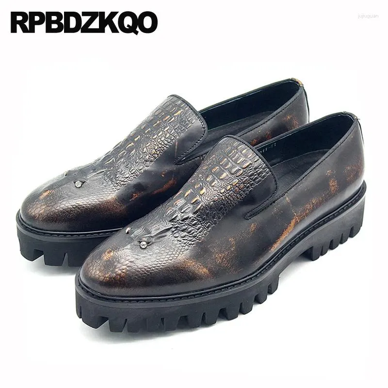 Casual Shoes Cow Skin Brush Platform Luxury Crocodile Gold Loafers Men Rhinestone Alligator Plus Size Real Leather Creepers Summer