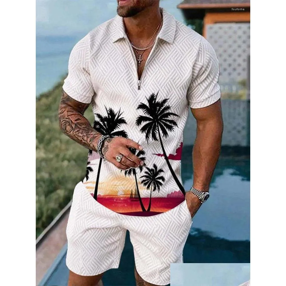 Men'S Polos Mens S Summer Hawaii 3D Print Shirts Shorts Sets Fashion Oversized Short Sleeve Shirt Pants Set Suits Man Tracksuit Clothi Otx1A