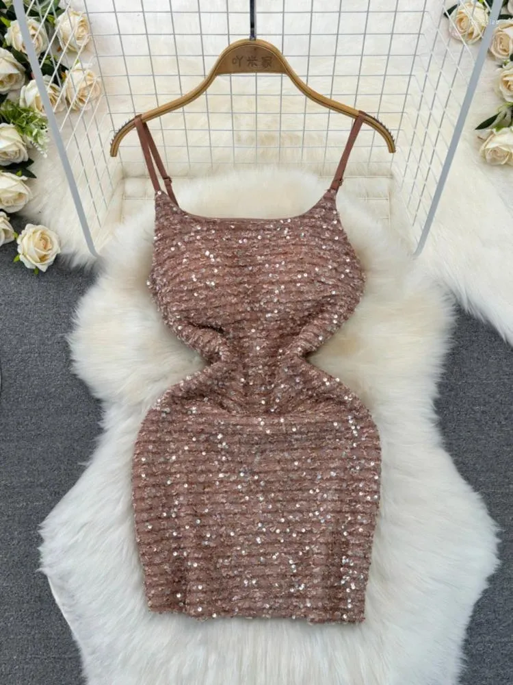 Casual Dresses Summer Sexy Party Dress For Women Fashion Hight Waist Sequin Suspender Sparkling Evening Mini