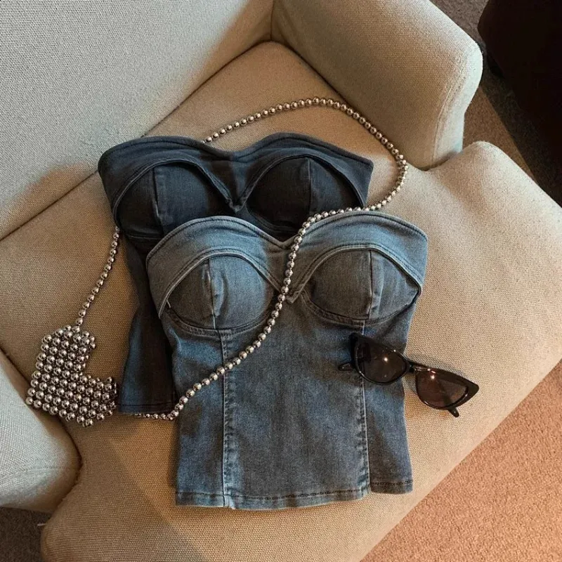 American Fashion Tanks with Built In Bra Almighty Casual Denim Corset Top Womans Jeans Camis Tops Spaghetti Strap Drop 240328