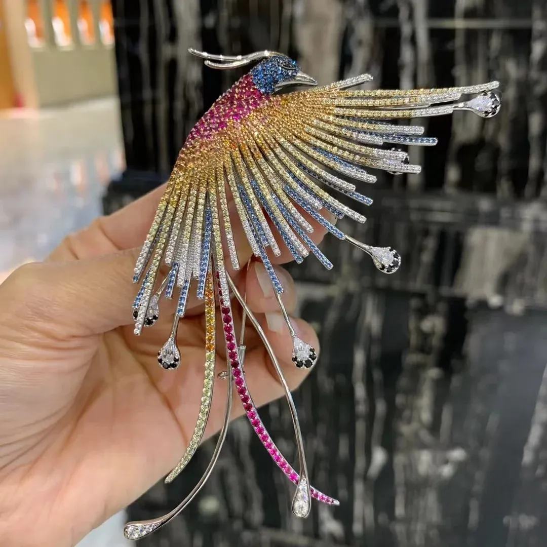 도구 Phoenix Brooch 고급 빅 보석류 조류 조류 925 스털링 실버 큐빅 지르콘 멀티 컬러 파인 여성 보석