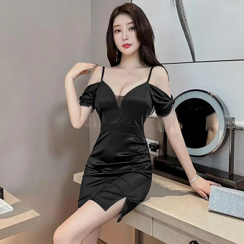 Lässige Kleider Frauen Frauen tiefe v niedrig geschnittene Schleiche Fit Split Wrap Hip Kleid Frauen purer Stil sexy Sommer