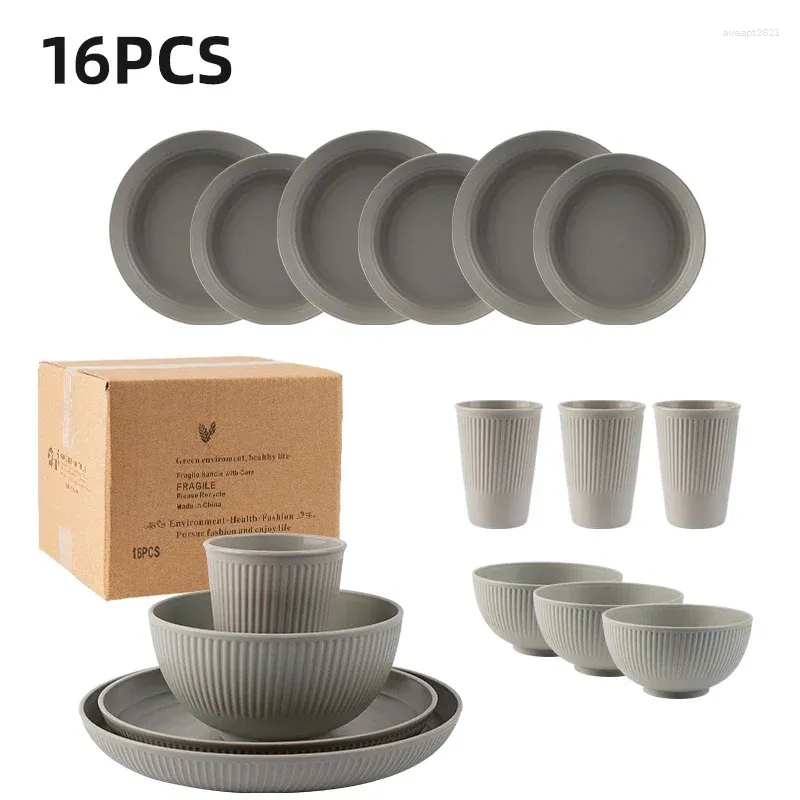 Ensembles de vaisselle 16 pcs de blé paille de paille de bol à table de bol assiette plaque de pique-nique portable fourche de couteau noir plats de camping noir
