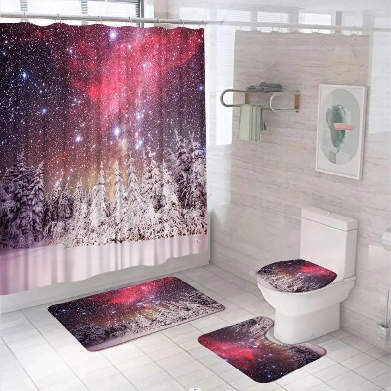 Rideaux de douche paysage d'hiver rustique Ensemble de neige naturelle forêt notamment étoile Pine arbre de baignoire en flanelle de salle de bain tapis de salle de bain couvercle de couvercle de couvercle