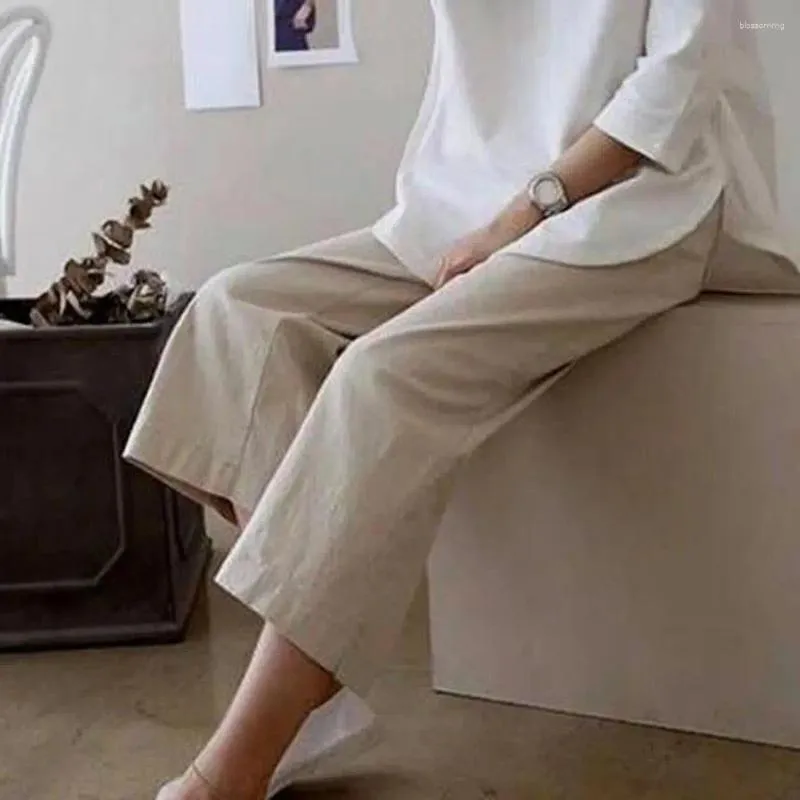 Women's Pants Lady Women Elastic Waist Straight Wide Leg Flax Solid Color Pockets Casual Trousers Clothing