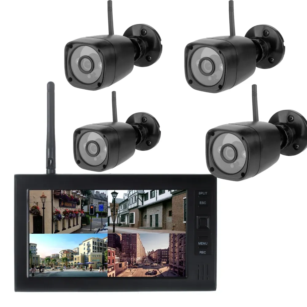 Maskara 7 "LCD Monitör Ev Güvenliği 1 ~ 4 Kamera Sistemi 2.4G Kablosuz Dörtlü SD Kayıt PIR Alarmı 4ch Dijital CCTV DVR Gözetim Kiti