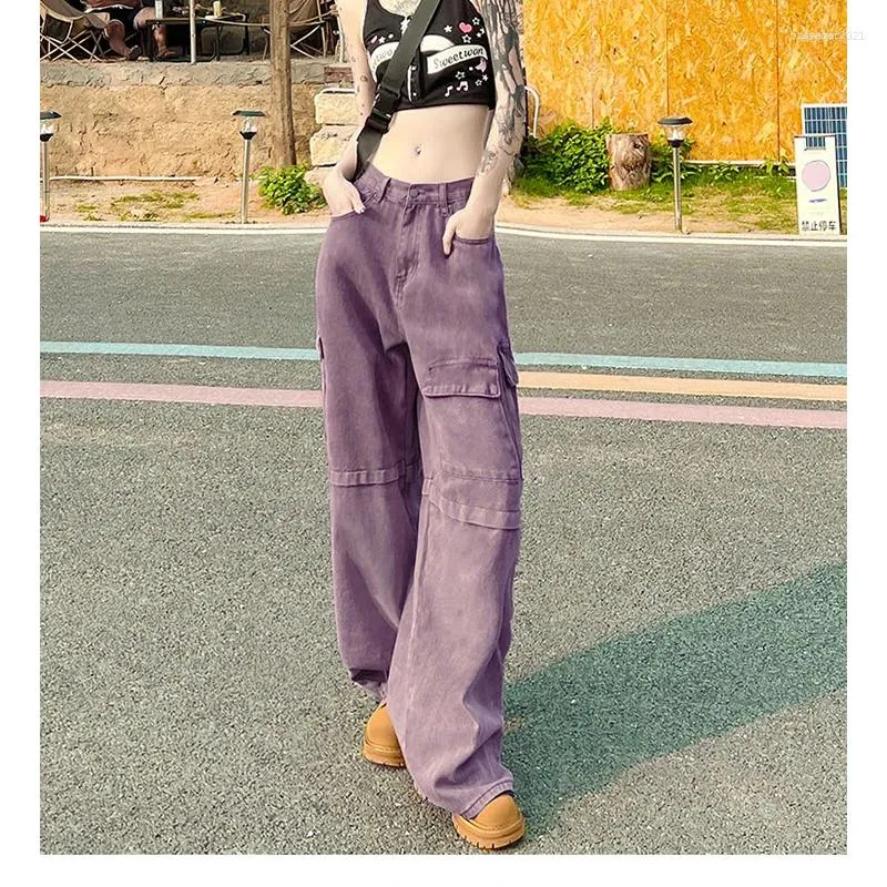 Kvinnors jeans i realtid skytte av elastiska midja arbetskläder byxor lila 2024 vår/sommar casual smal löst bred ben