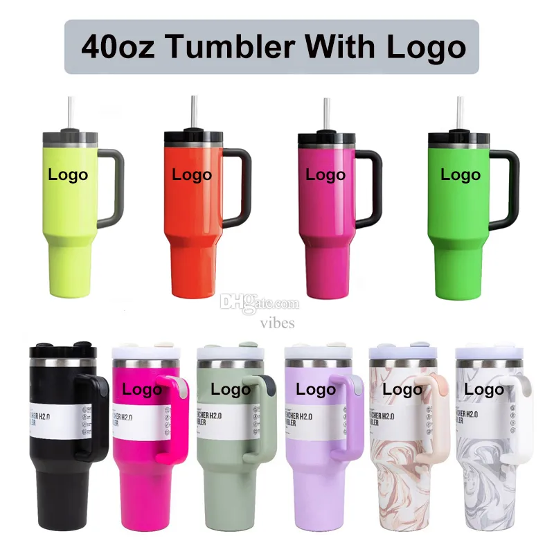 With Logo - 40oz Quencher H2.0 Tumbler Stainless Steel Insulated Travel Mug With Handle Lid Straw 2nd Generation Car Cup Neon Yellow Green Orange Electric Pink Color