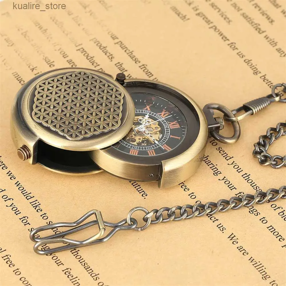 Pocket Watches Steampunk Bronze Mechanical Pocket Retro Creative Roting Cover Roman Digital Display Manual Mechanical Pendant Mens Clock L240402