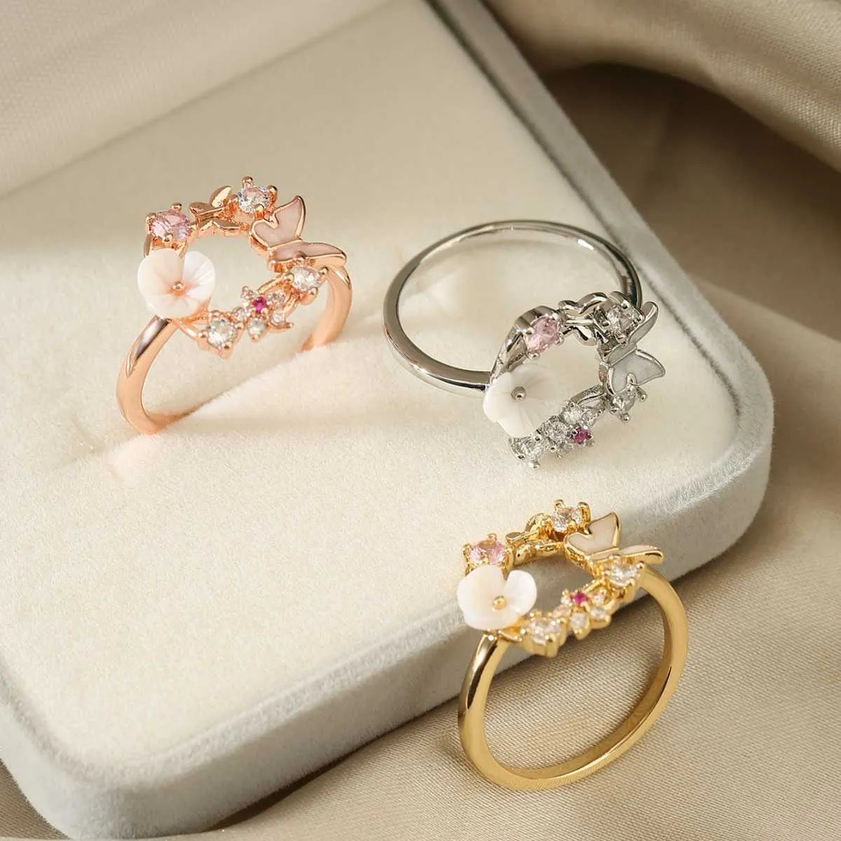 Nowy olej zrzucający pierścień motyla z mikro ustawieniem z cyrkonem kwiat damski słodka i modna biżuteria