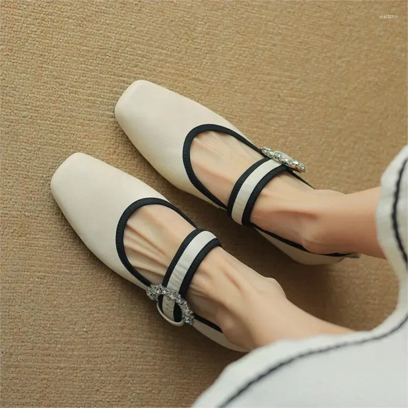 Casual Shoes Women's Ballet Flats Crystal Buckle Mary Janes Square Toe Patchwork Designer Shoe for Female Zapatos Mujer 1801n