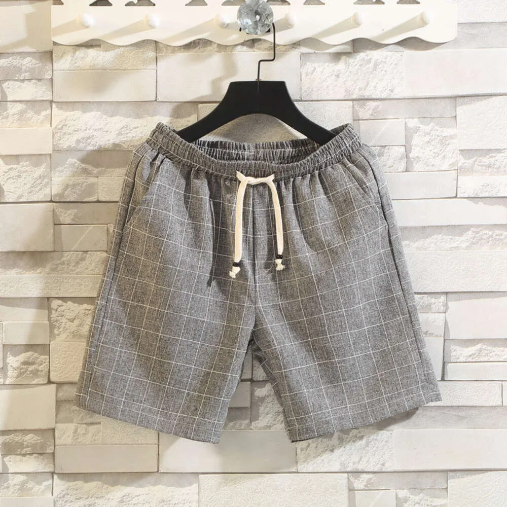 2023 Cotton and Hemp Beach Pants Summer Plaid Men's Shorts 5/4 Casual Pants Versatile Big Shorts Patch Style